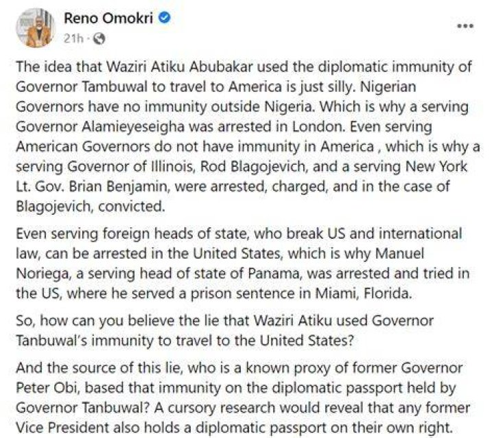 
Atiku Did Not Use Governor Tambuwal’s Immunity To Visit US — Reno Omokri 