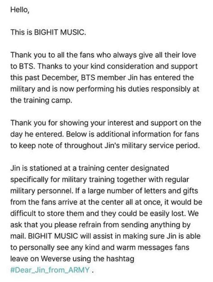 
BTS’ Jin’s agency requests fans to send heartwarming messages to the septet’s oldest member on Weverse 