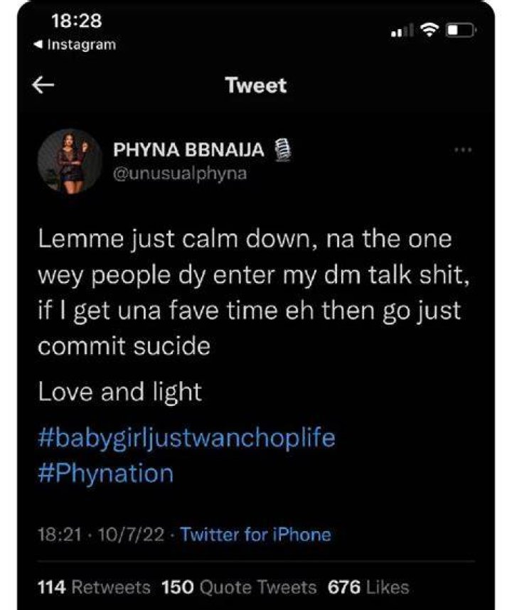 
“What Will Happen If I Have Your Fave’s Time”- BBNaija’s Phyna Writes In Now Deleted Tweets 